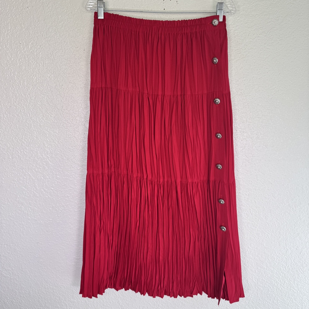 Vintage Western Skirt Womens One Size Red Crinkle Side Button Peasant Midi Boho